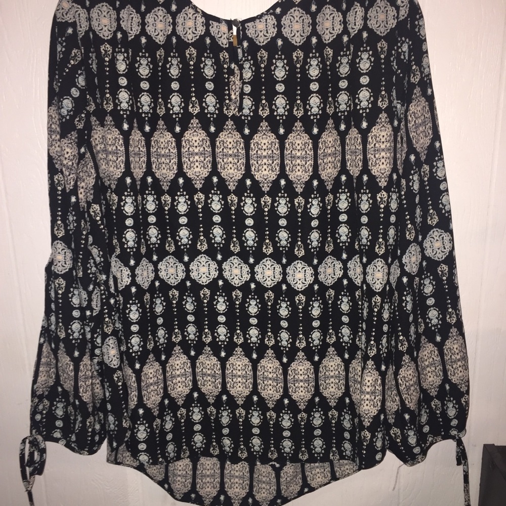 Cato Black Blue Print Blouse with long Slit sleeve
